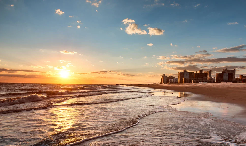 Beach houses on sunset